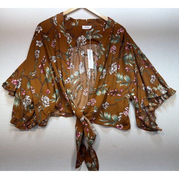 Bluivy Women's Tie Hem Cardigan Kimono Top Lightweight Size M/L Brown Floral - Picture 1 of 12